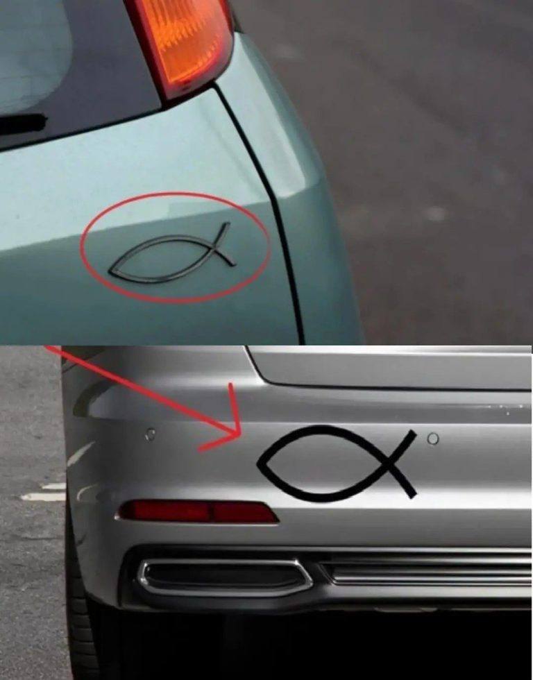 Wat betekent het kleine visvormige symbool op de achterkant van sommige auto’s en waar is het voor?