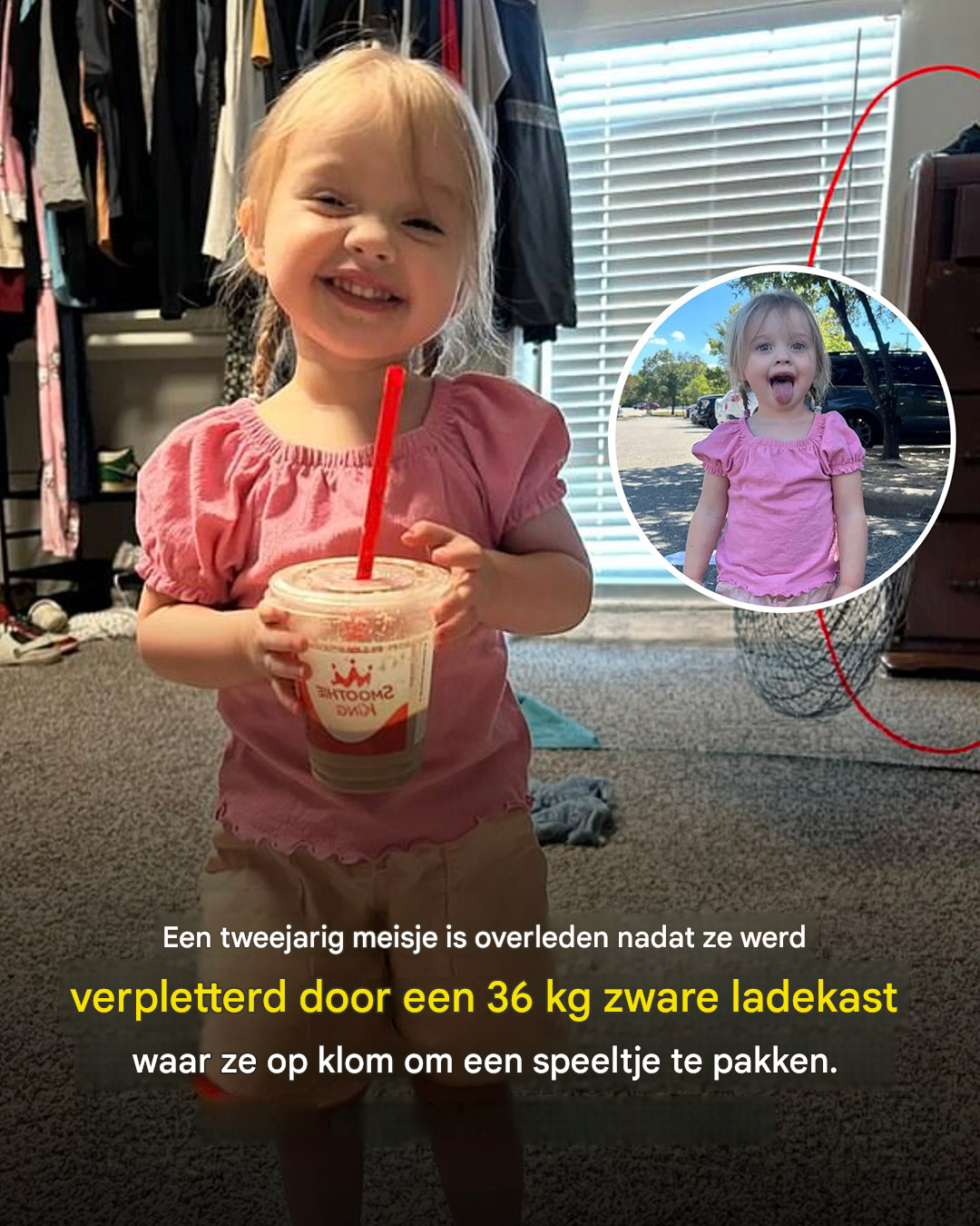 Een tweejarig meisje stierf nadat ze was verpletterd door een ladekast van 36 kg die ze had beklommen om een stuk speelgoed te bereiken